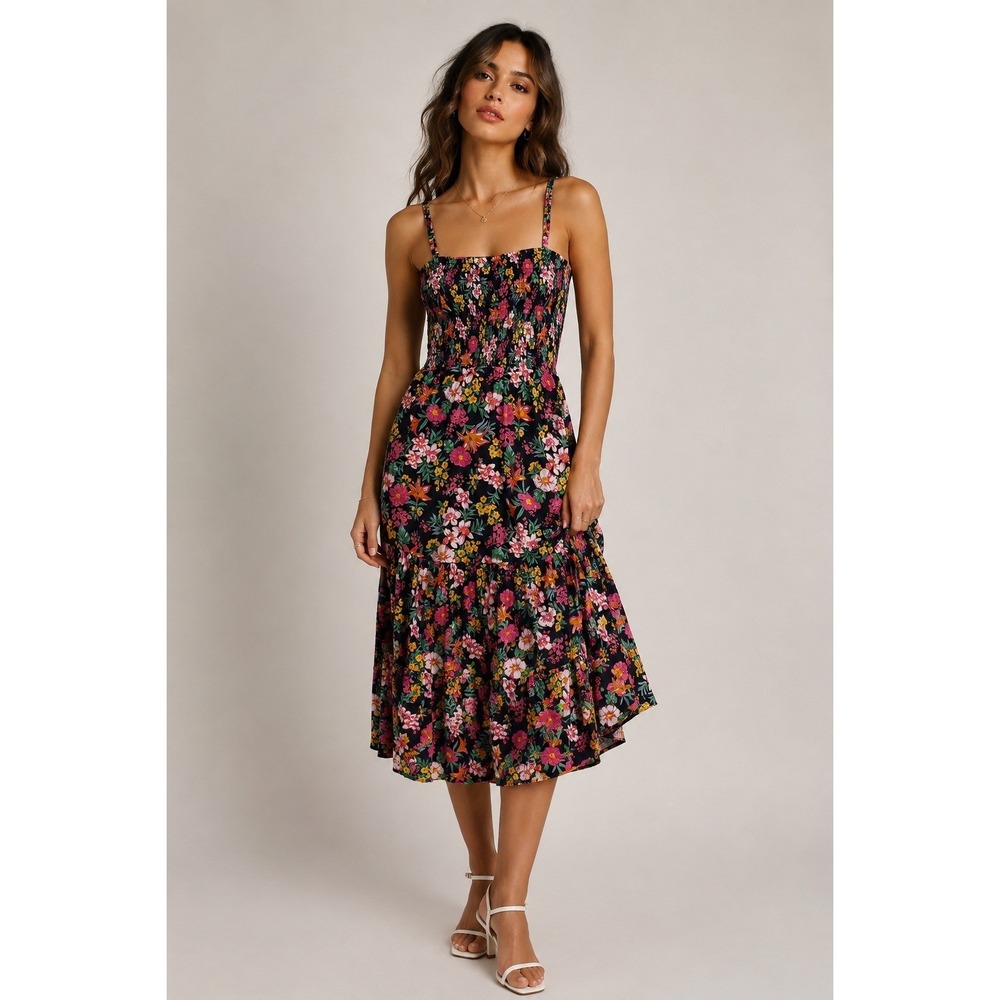 J. Crew y2k floral flowy summer midi dress wedding guest smock tiered a line xxs
